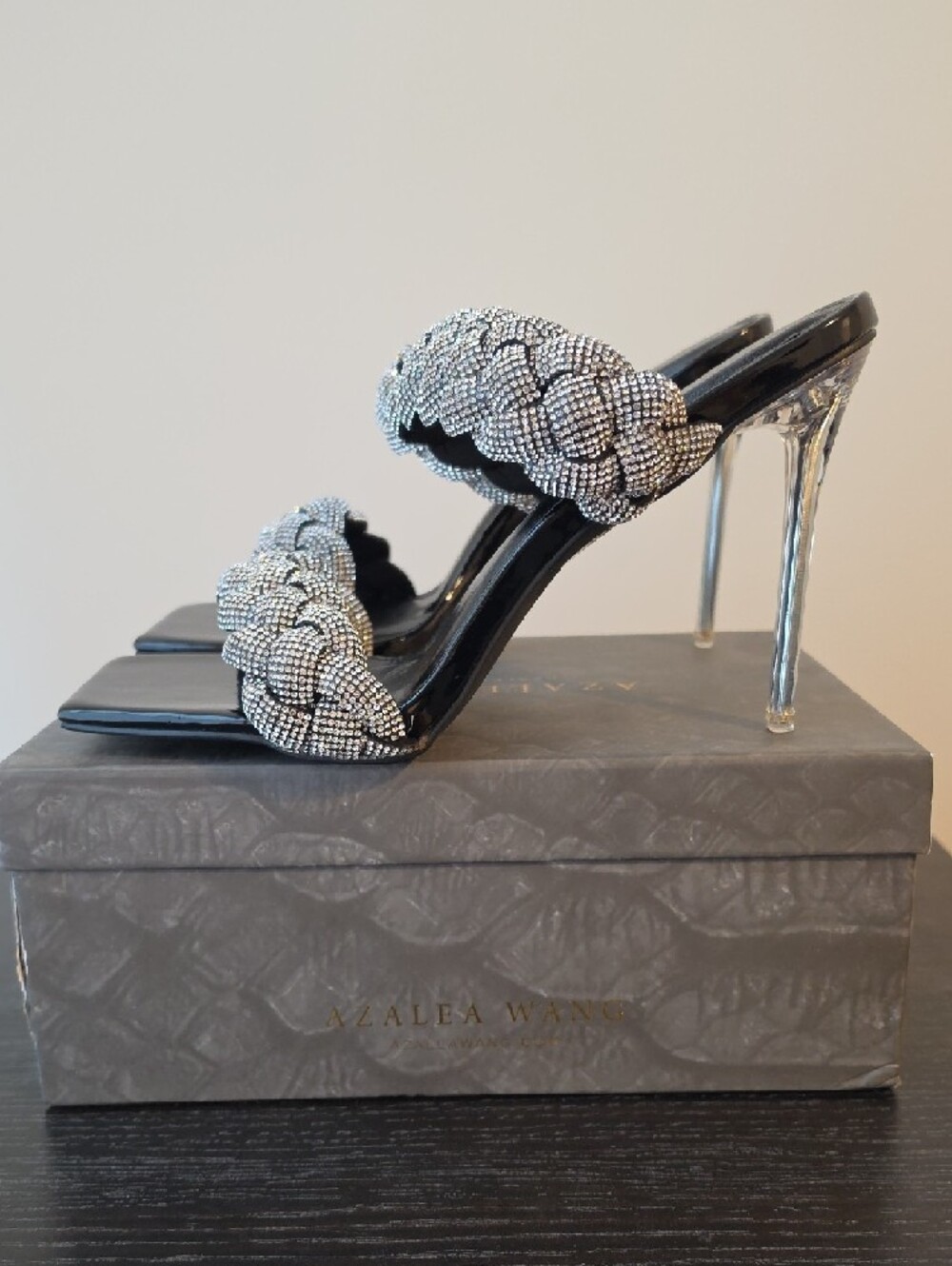Azalea Wang Grace Black Braided Crystal Heeled Slides, 4.5" - Picture 2 of 9